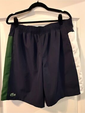 Lacoste Navy Athletic Swim Shorts with Green & White Panels
